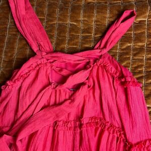 Mulla Coral Pink Red Linen Blend Tiered Ruffle Mini Dress Lace Up Back Womens S